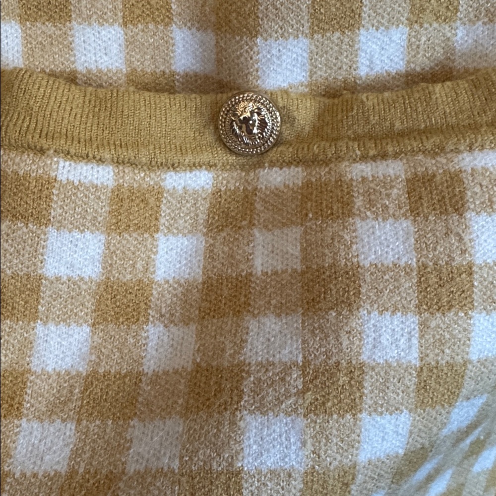 Joie Yellow and Cream Gingham V-Neck Cardigan Gold Lion Button Sweater Womens XS - Picture 6 of 8